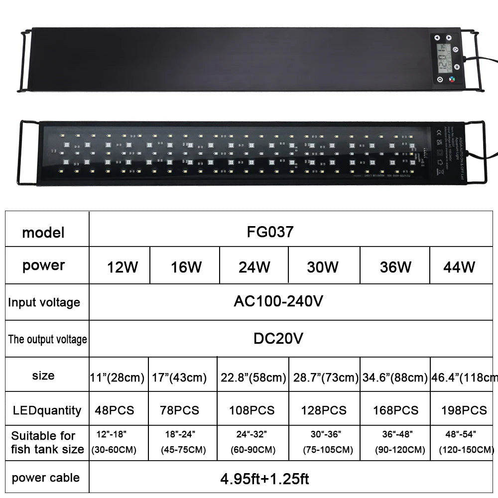 75-90cm 24/7 Aquarium Full Spectrum Lighting LED Light Fish Tank Decoration Plant Growth Dimmer Lamp IP68 Waterproof 100V-240V