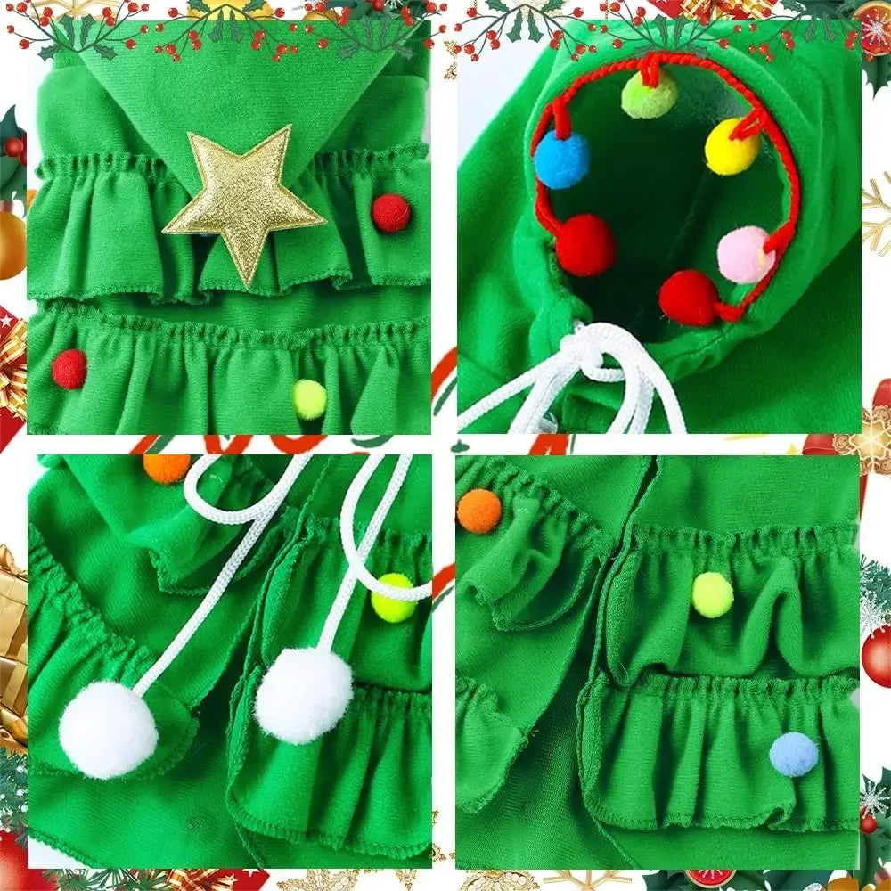 Cat Christmas Outfit Green Pet Cloak with Hat Star Pompoms Puppy Cape Clothes Tree Elf Costumes Party Pet Supplies Accessories - Play Paws Toys