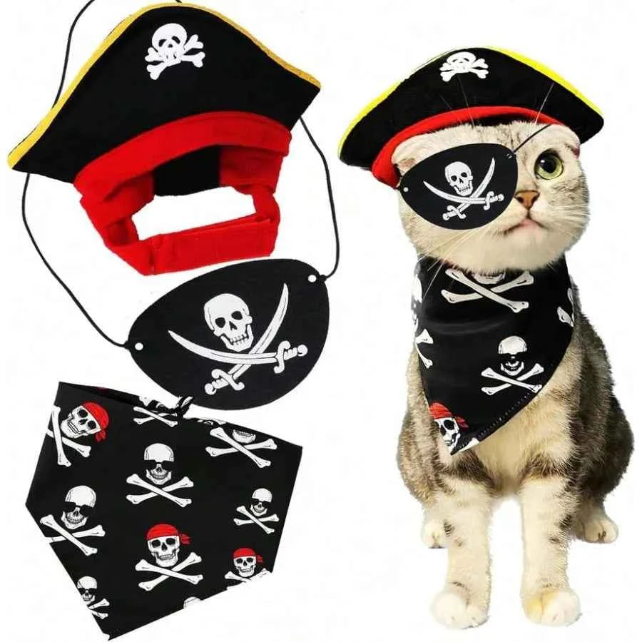【New style】Cat Pirate Costume - Pet Hat, Skull Triangle Bandana, Halloween For Dogs Cats With Captain Headwear And Party Neckla
