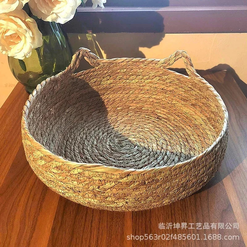 Rattan Weaving Cat Basket Bed With Soft Cushion Round Donut Design Cozy Warm Comfortable Sleeping Nest For Cats And Dogs - Play Paws Toys