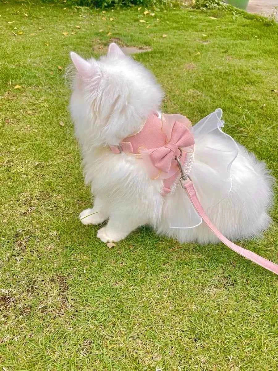 Cute Bowknot Pet Harness Leash Princess Cat Dress Costumes Nylon Kittten Dress Puppy Harness For Rabbit Teddy Cats Clothes
