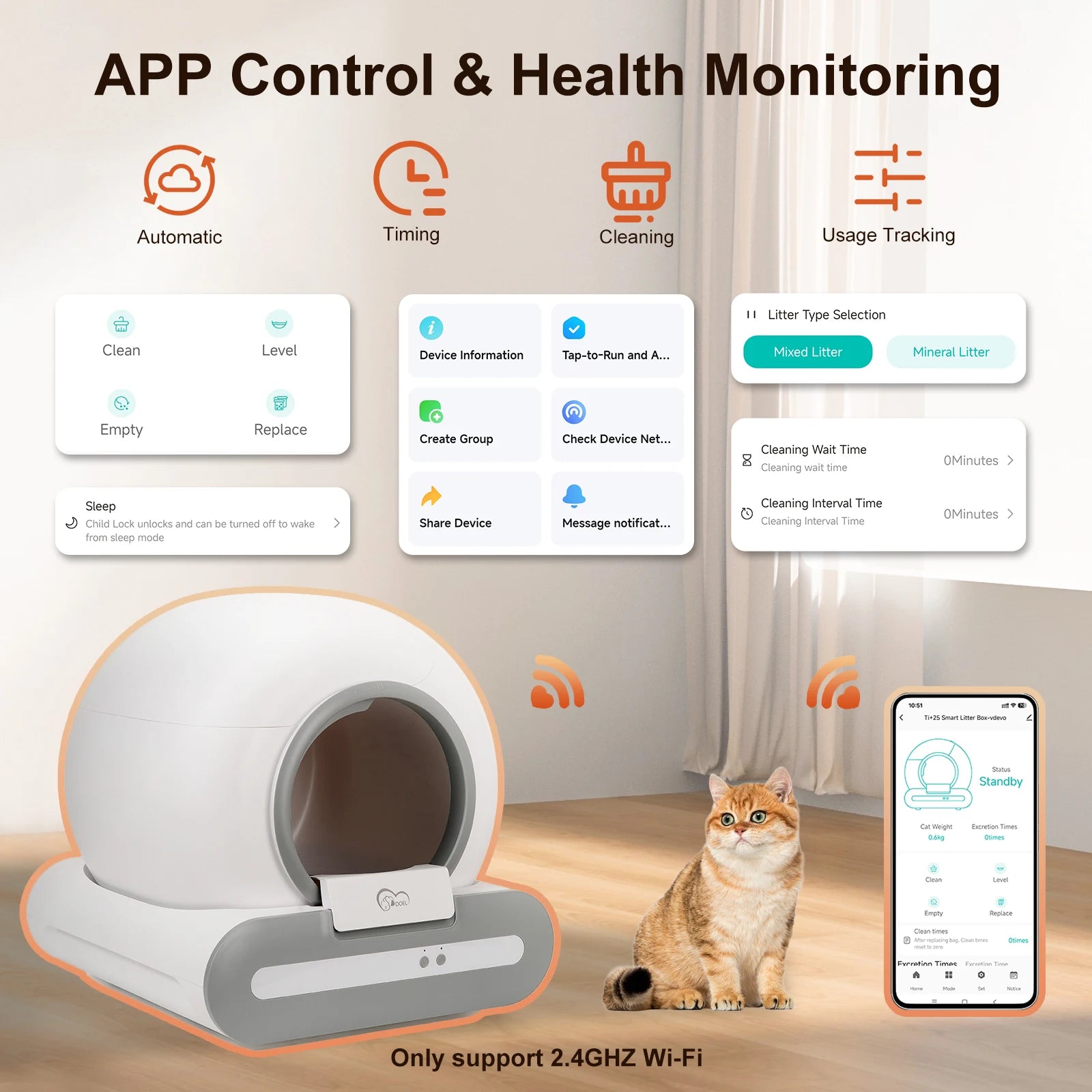 DOEL 65L Self-Cleaning Cat Litter Box App Control, ONLY Supports 2.4G WiFi w/Litter Mat&Trash Bags, Fit for Tofu & Mixed Litter - Play Paws Toys