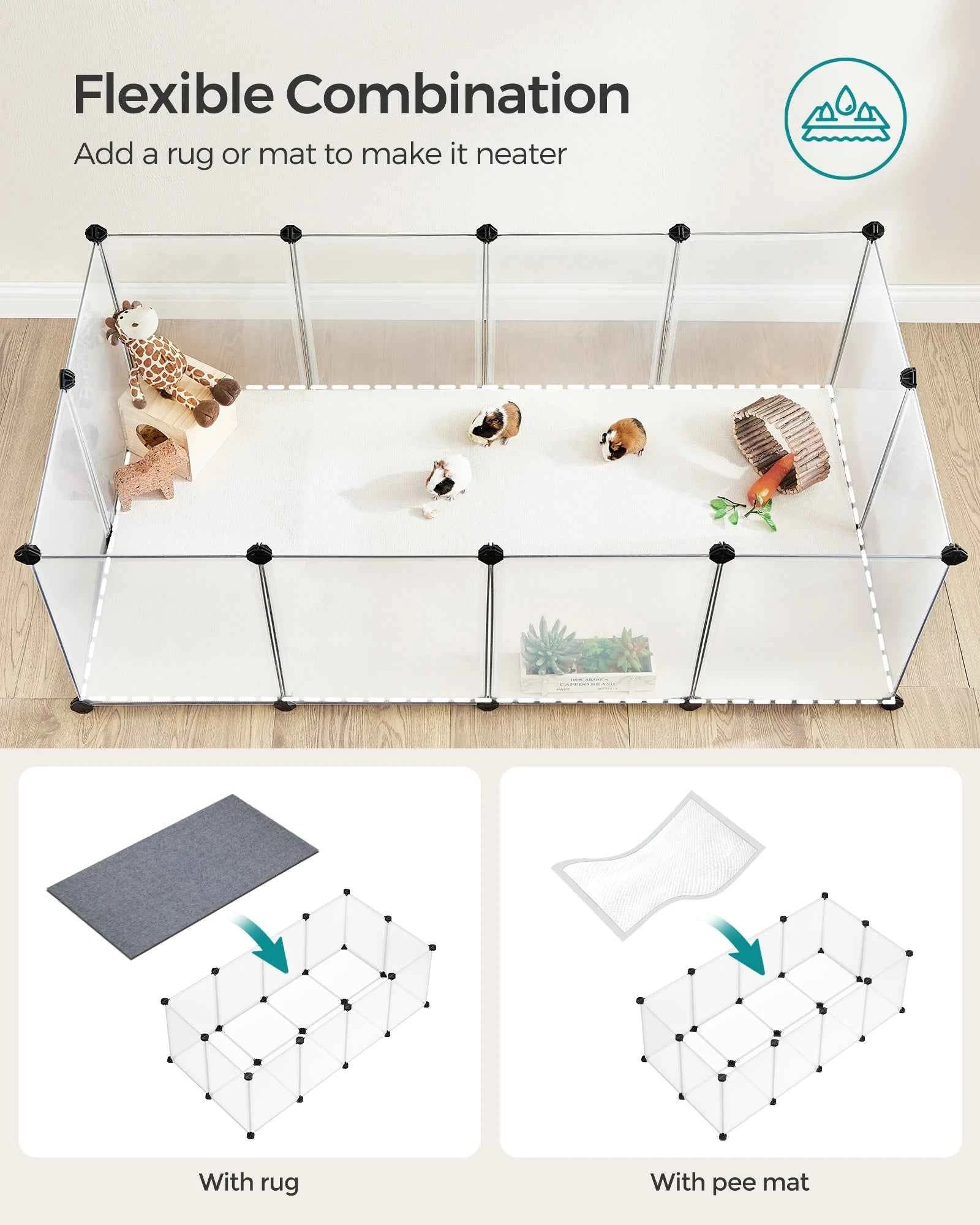 SONGMICS Pet Playpen with Floor, Small Animal Pen, Pet Fence Indoor, DIY Plastic Enclosure for Hamsters, Rabbits, Hedgehogs, Fer