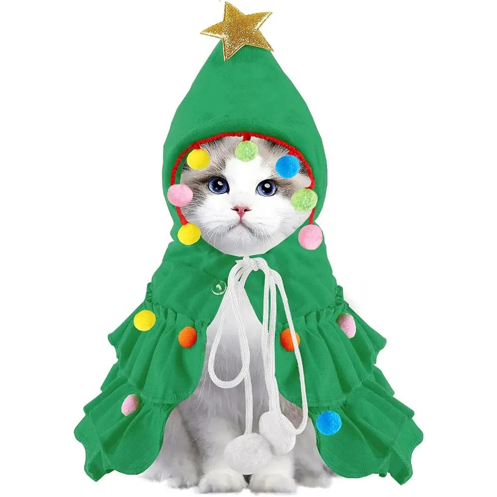 Cat Christmas Outfit Green Pet Cloak with Hat Star Pompoms Puppy Cape Clothes Tree Elf Costumes Party Pet Supplies Accessories - Play Paws Toys