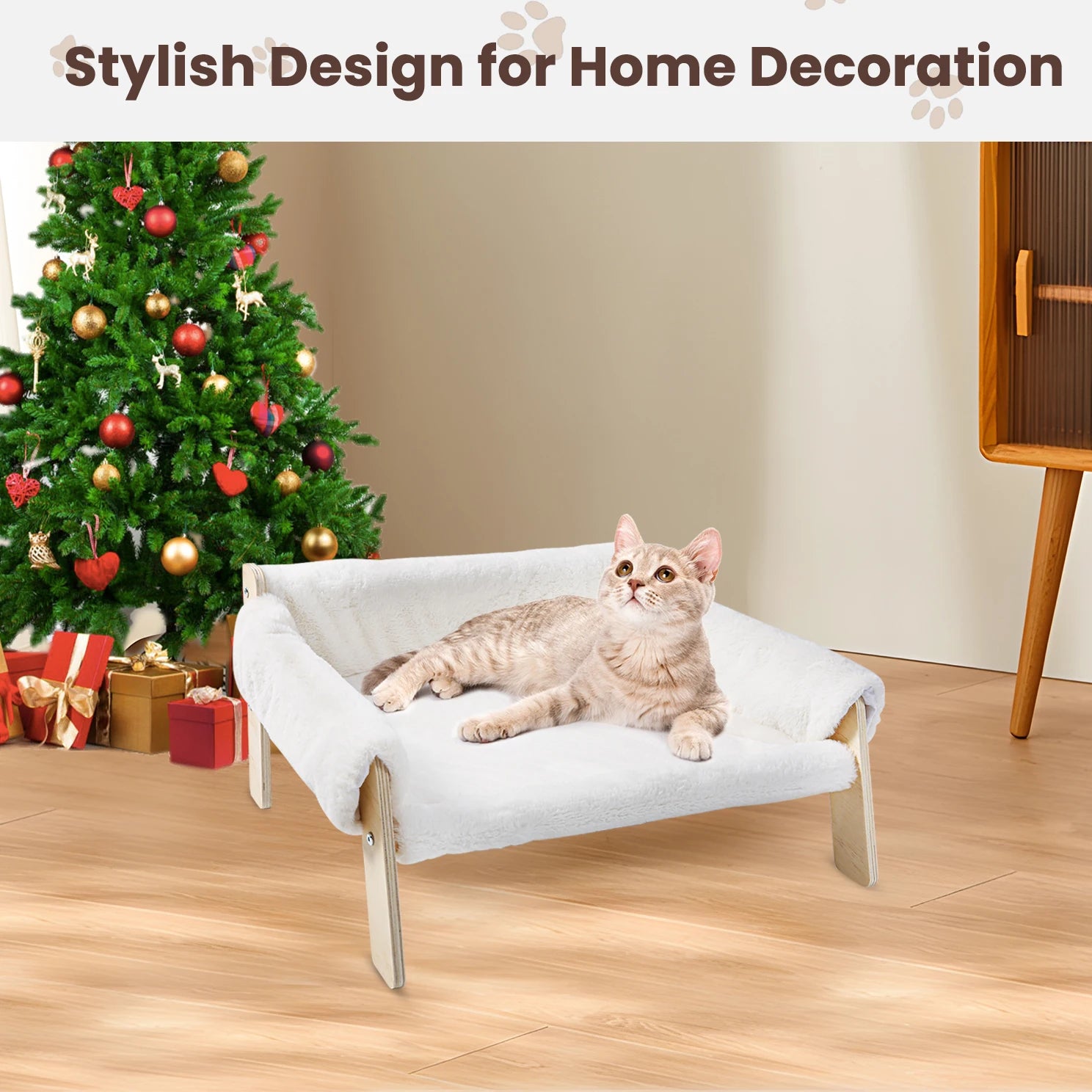 Large Cat Bed Sturdy Wooden Leg Raised Plush Cat Sofa Bed Kitten Bed for Indoor Cats - Soft Cat Couch - Play Paws Toys