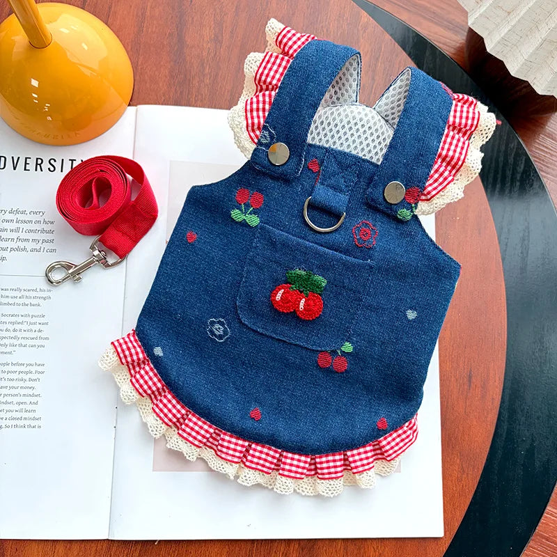 Dog Dress with leash Set Dog Clothes Chic Denim Costume  Cat Dog supplies  Soft Mesh Vest Puppy one piece