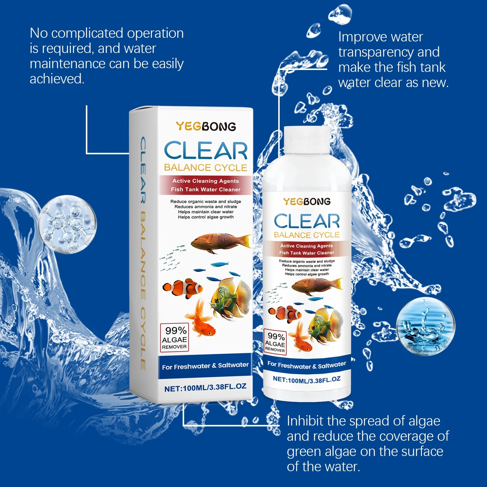 Fish Tank Water Clarifying Agent Quick Clean Stains and Sludge Control Algae Growth Water Purification Fish Tank Water Cleaner