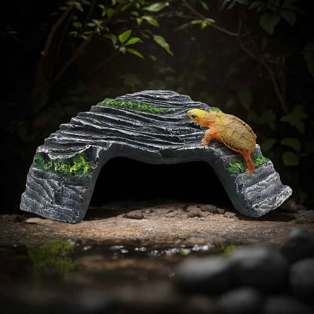 Resin Rock Cave Decoration Hideout Cave Sunbathing Platform for Pet Cages Fish Tanks Mini Amphibians Snake Gecko Money Turtles