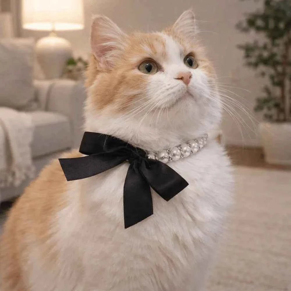 Adjustable Pet Pearl Necklace Bling Simulated Pearl Cat Bead Collar Elegant Bow Knot Ribbon Pet Simulated Pearl Collar