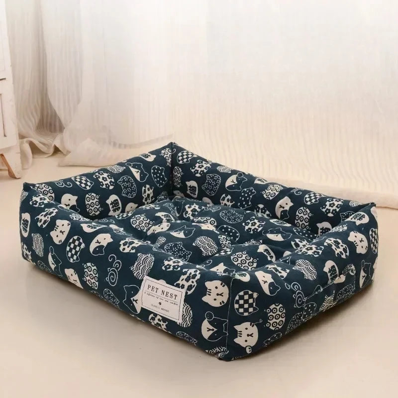 Plaid Printing Soft Removable&Washable Dog Bed Fabric Skin-Friendly Cotton&Linen Breathable Pet Sofa Square Cat Litte Dog Bed