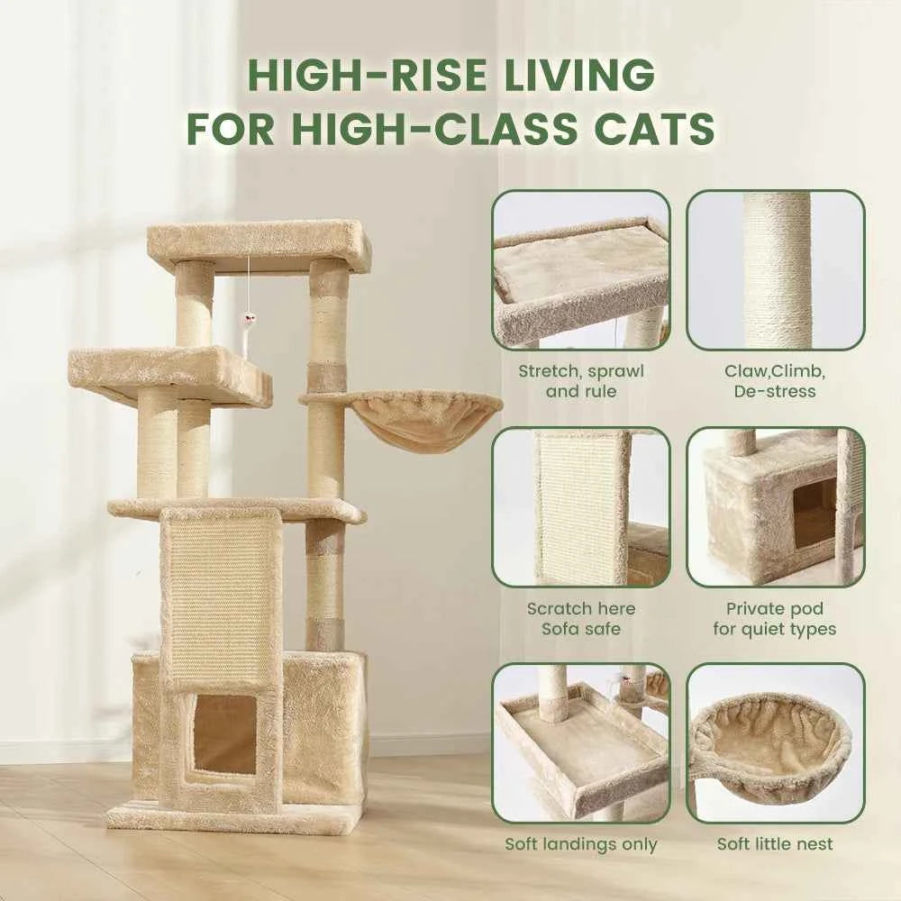 51 In Multi-Level Cat Tree Tower Space Saving Indoor Cat Playhouse with Scratching Board Cozy Condo Durable Plywood Construction
