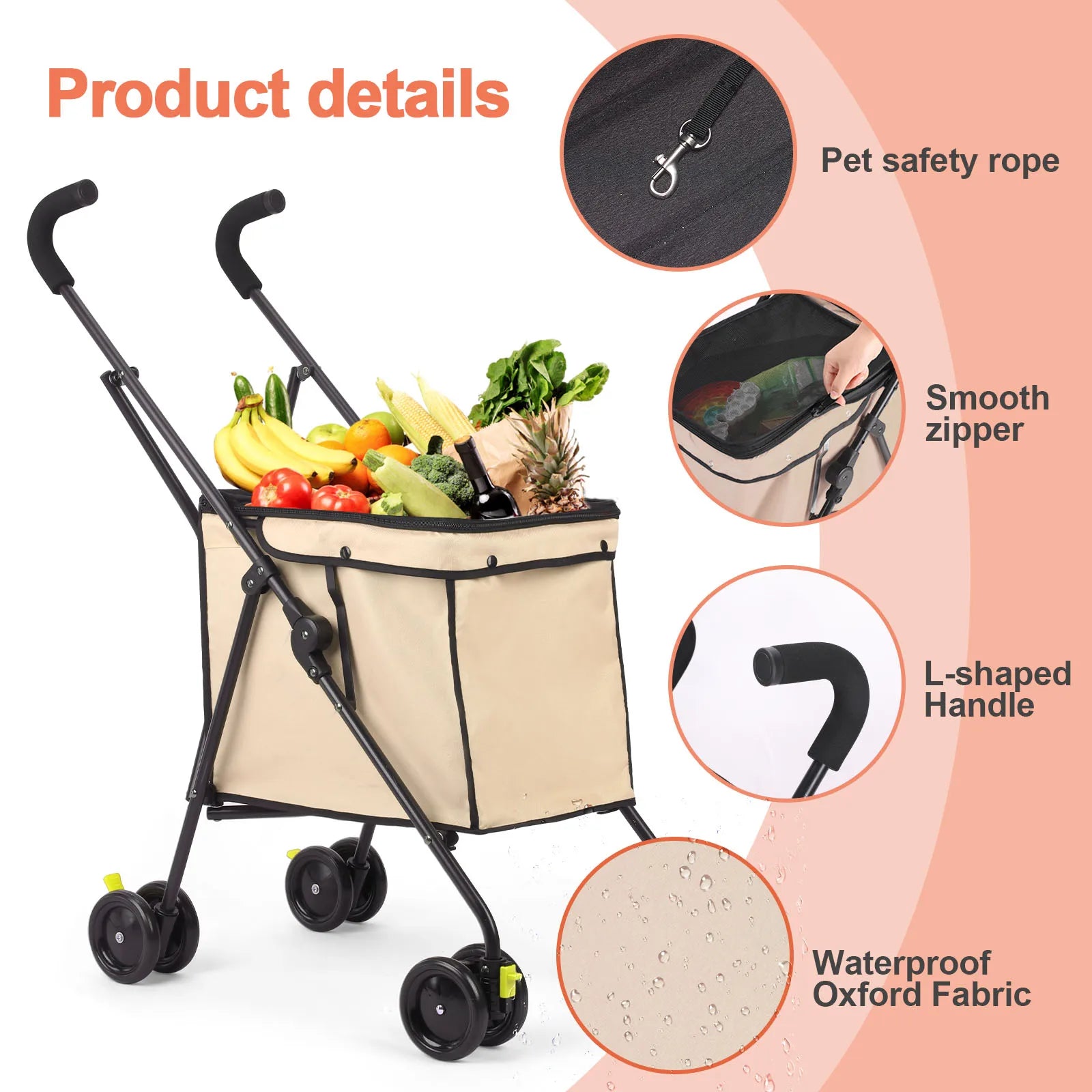 Wedyvko Shopping Trolley 33lbs 4 Wheels Dog Stroller Rotate Pink Pet Puppy StrollerTravel Hand Cart Folding einkaufswagen