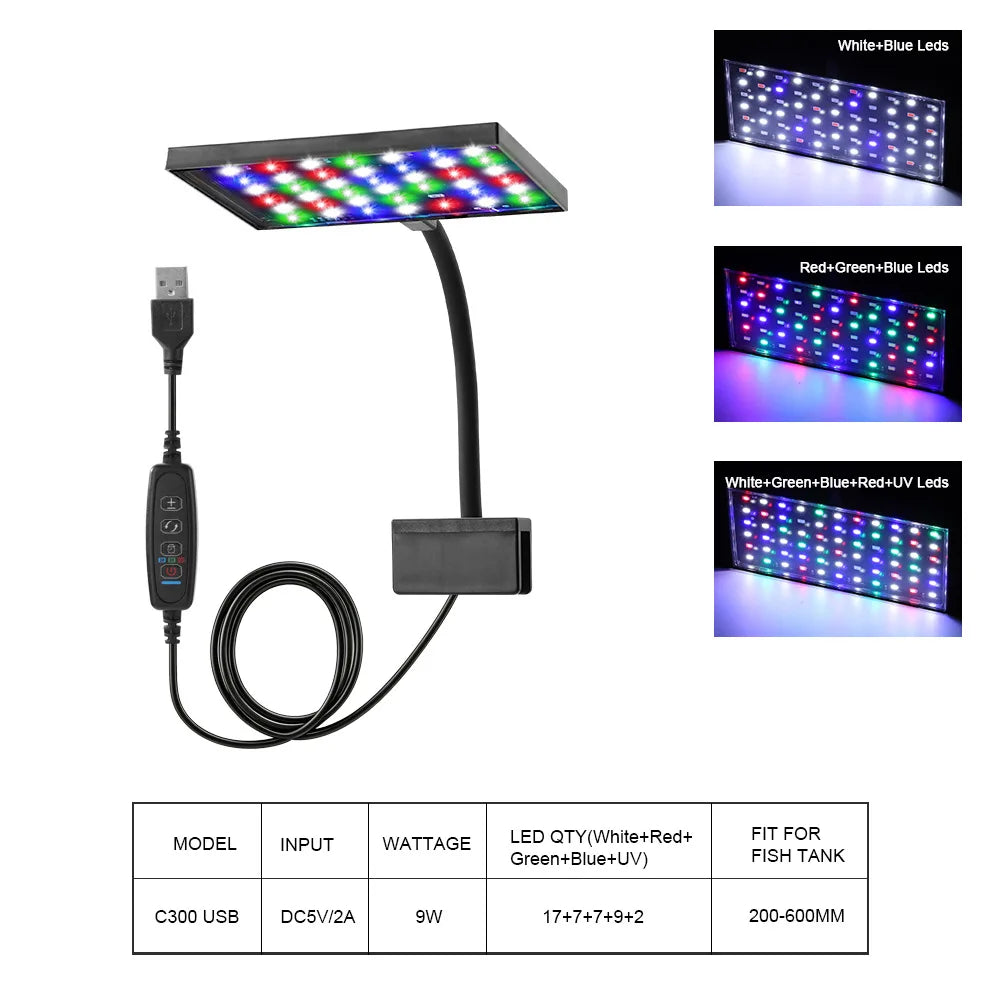USB Aquarium LED Light Full Spectrum Aquatic Plant Grow Lamp Clip on Fish Tank Adjustable Brightness No flicker Lighting  9W/12W