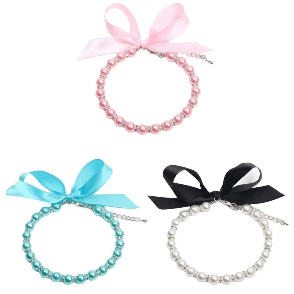 Adjustable Pet Pearl Necklace Bling Simulated Pearl Cat Bead Collar Elegant Bow Knot Ribbon Pet Simulated Pearl Collar