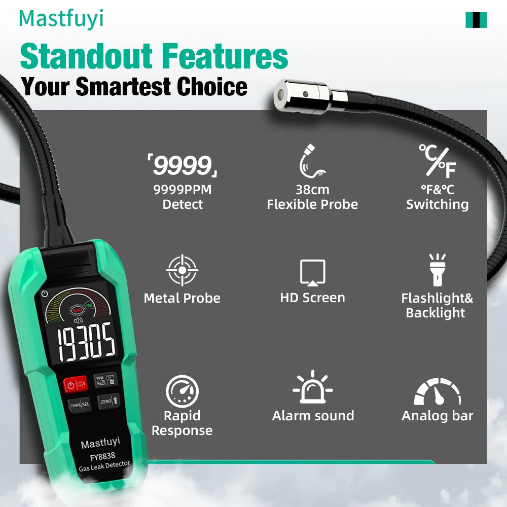 MASTFUYI FY8838 Professional Gas Leak Detector 0-9999PPM - Portable Combustible Gas Sniffer for Methane LNG Audio Visual Alarm