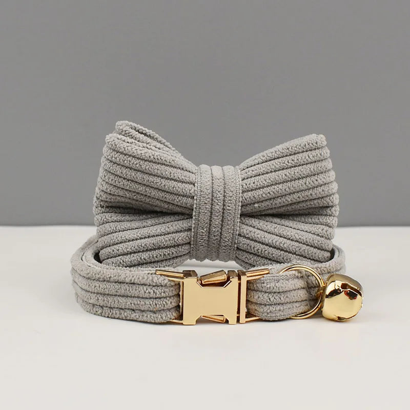 Corduroy Cat Collar with Name Plate Bell Bow Tie Personalized Custom Engraved Cat Collars for Cats