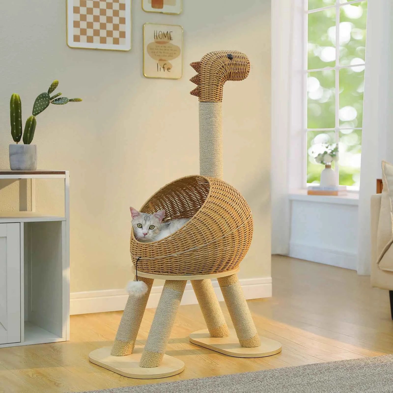 Dinosaur Cat Tree Tower with Sisal Scratching Post Large Rattan Cat Condo for Indoor Wicker Cat Bed with Removable Mat Cat Toys
