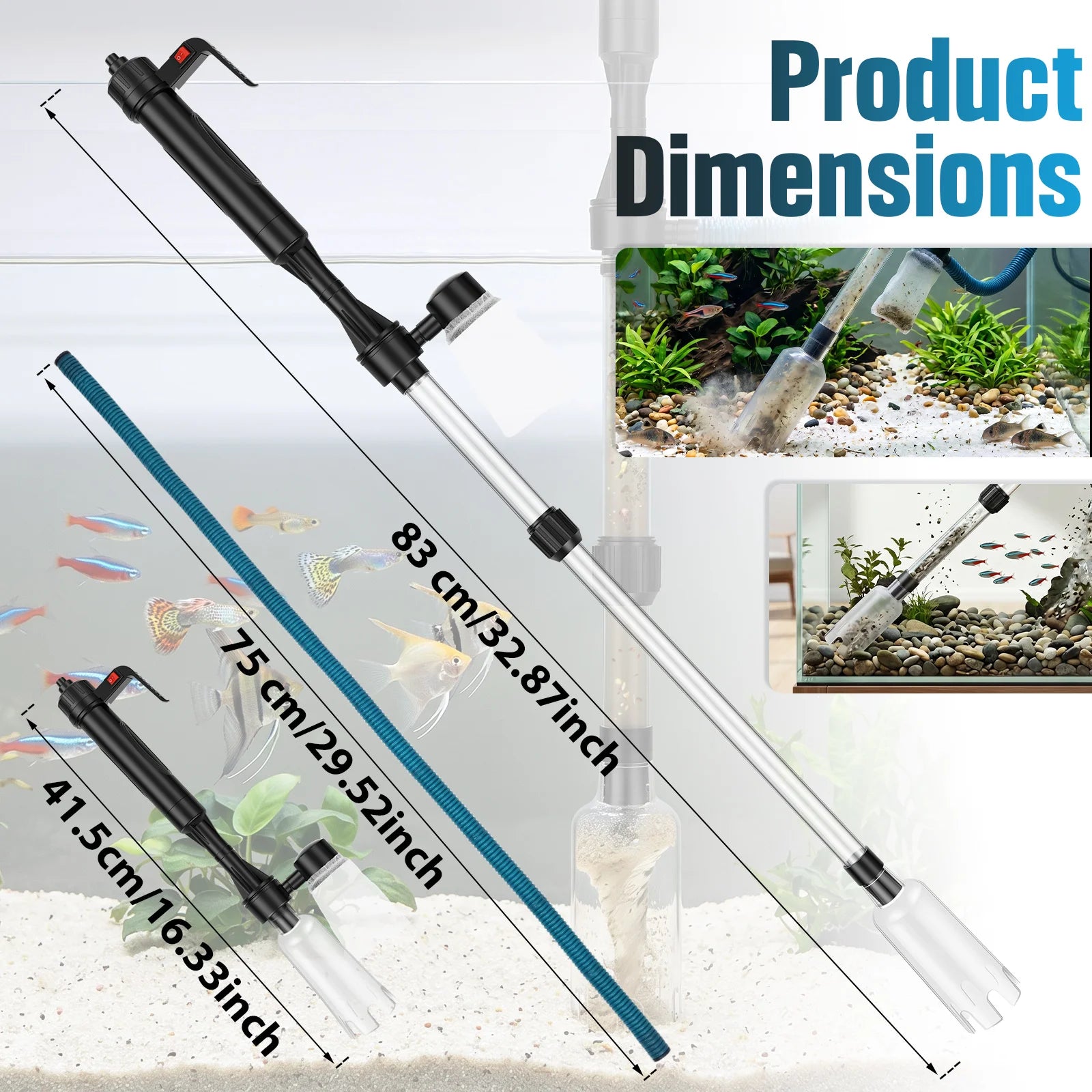 Aquarium Vacuum Gravel Cleaner 3 in 1 Fish Tank Vacuum with Water Change Wash Sand Waste Suction Electric Fishbowl Cleaning Tool