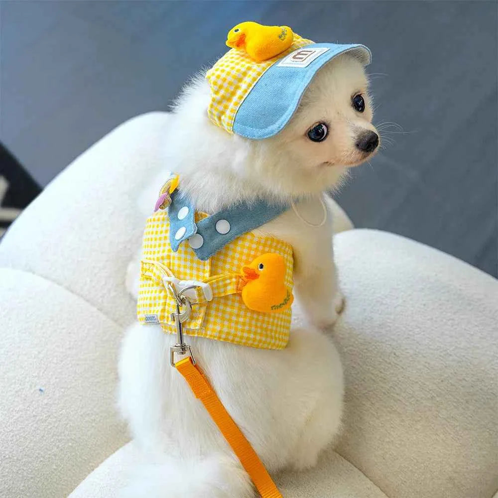 Three-piece Set Duck Frog Spring and Summer Pet Chest Harness Traction Rope Set - Breathable Fabric - For Cats & Puppies - Suita