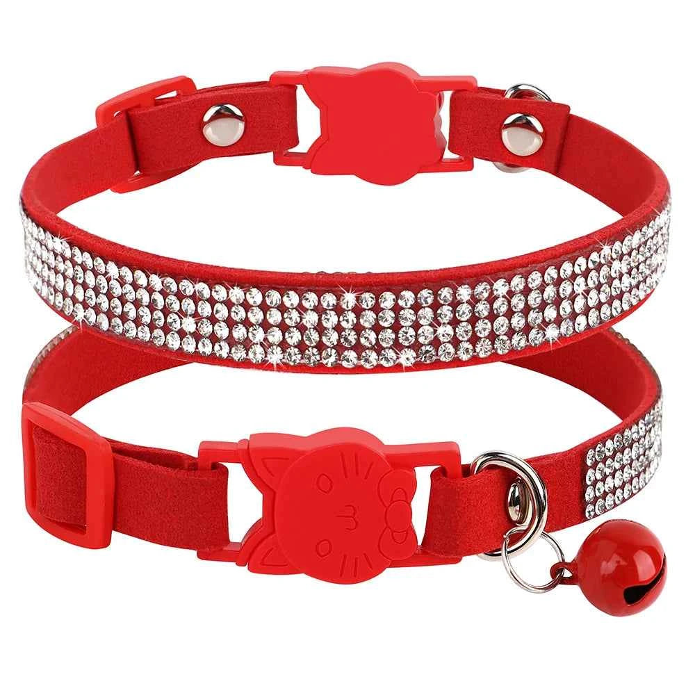 Soft Pink Suede Leather Cat Collar - Bling Rhinestone Design with Bell, Safety Breakaway & Adjustable XS/S for Cats & Puppies
