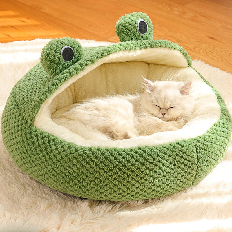 New Pet Nest Winter Warm Dog Den Cat Villa Plush Pets Mattress Small Frog Shape Semi Enclosed Kitten Puppy House Pet Supplies - Play Paws Toys