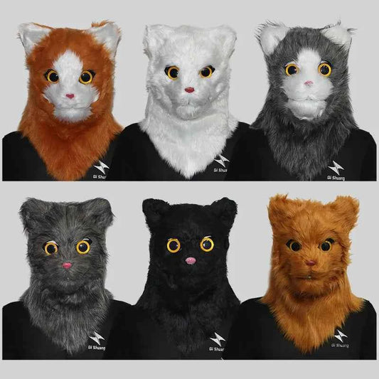 Movable Mouth Cat Head Mask Animal Latex Cute Helmet  Artificial Fur for Halloween Costumes Party Props Adult Size