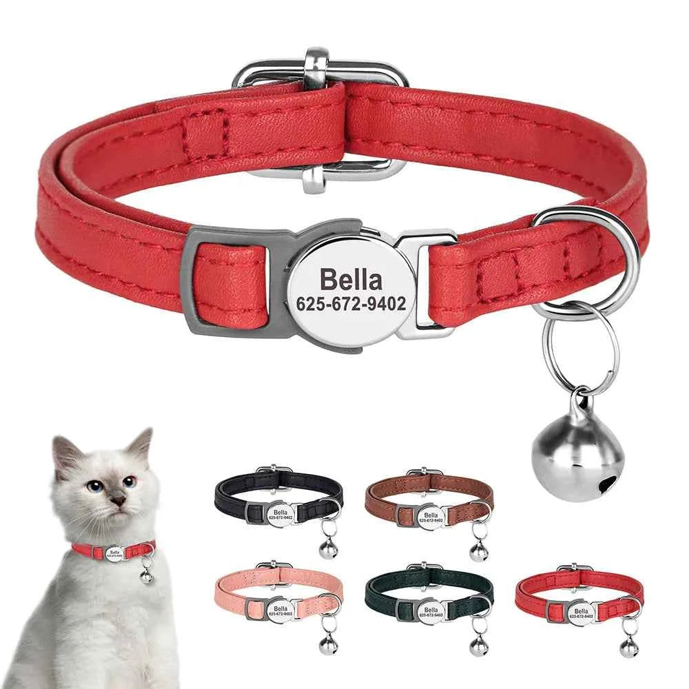 Custom Cat Collar Personalized PU Leather Kitten Puppy Collars Free Engraved ID Nameplate Necklace With Bell for cat Anti-lost