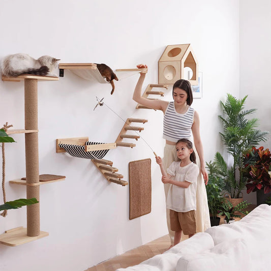 Cat Wall Climbing Shelf Steps Ladder Scratching Post Scratcher Bed Hiding House for Cats Tree Tower Pet Furniture Accessories - Play Paws Toys