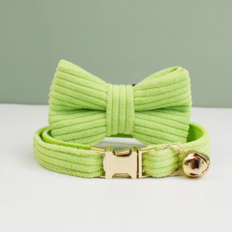 Corduroy Cat Collar with Name Plate Bell Bow Tie Personalized Custom Engraved Cat Collars for Cats