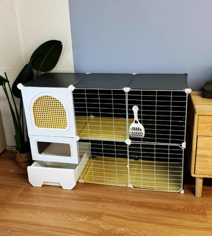 Large Cat Cages with Bed & Litter Box Indoor Multi-Level Cat House Spacious 3-in-1 Pet Villa Roomy Playpen with Resting Area - Play Paws Toys
