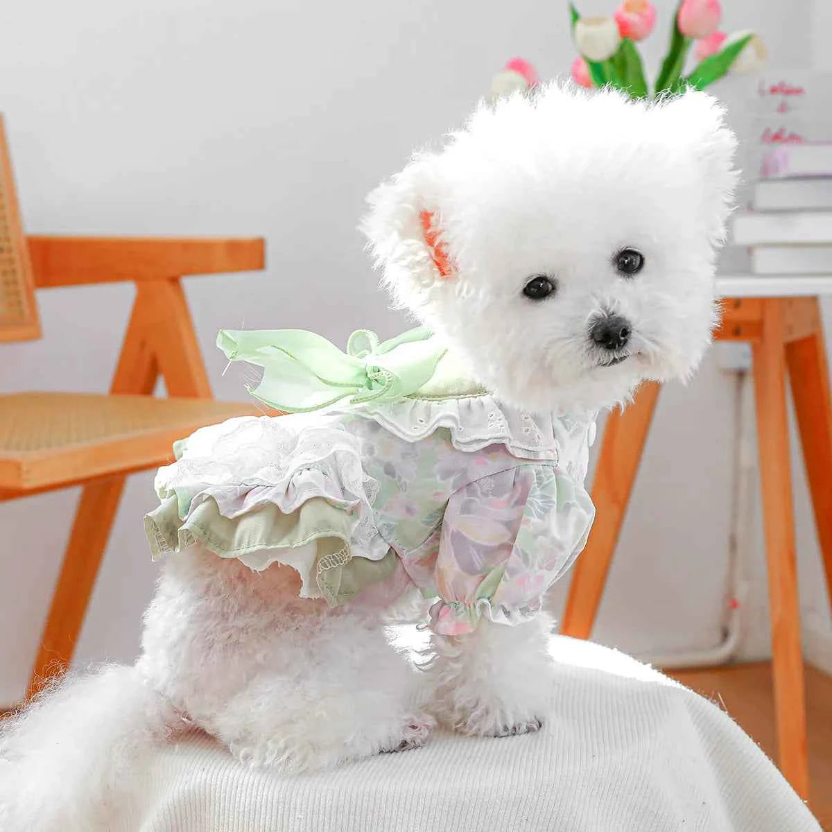Elegant Bow Princess Dresses for Puppies Kittens Delicate Breathable Dog Dress Soft Cat Dress Spring/Summer Green Pet Clothing