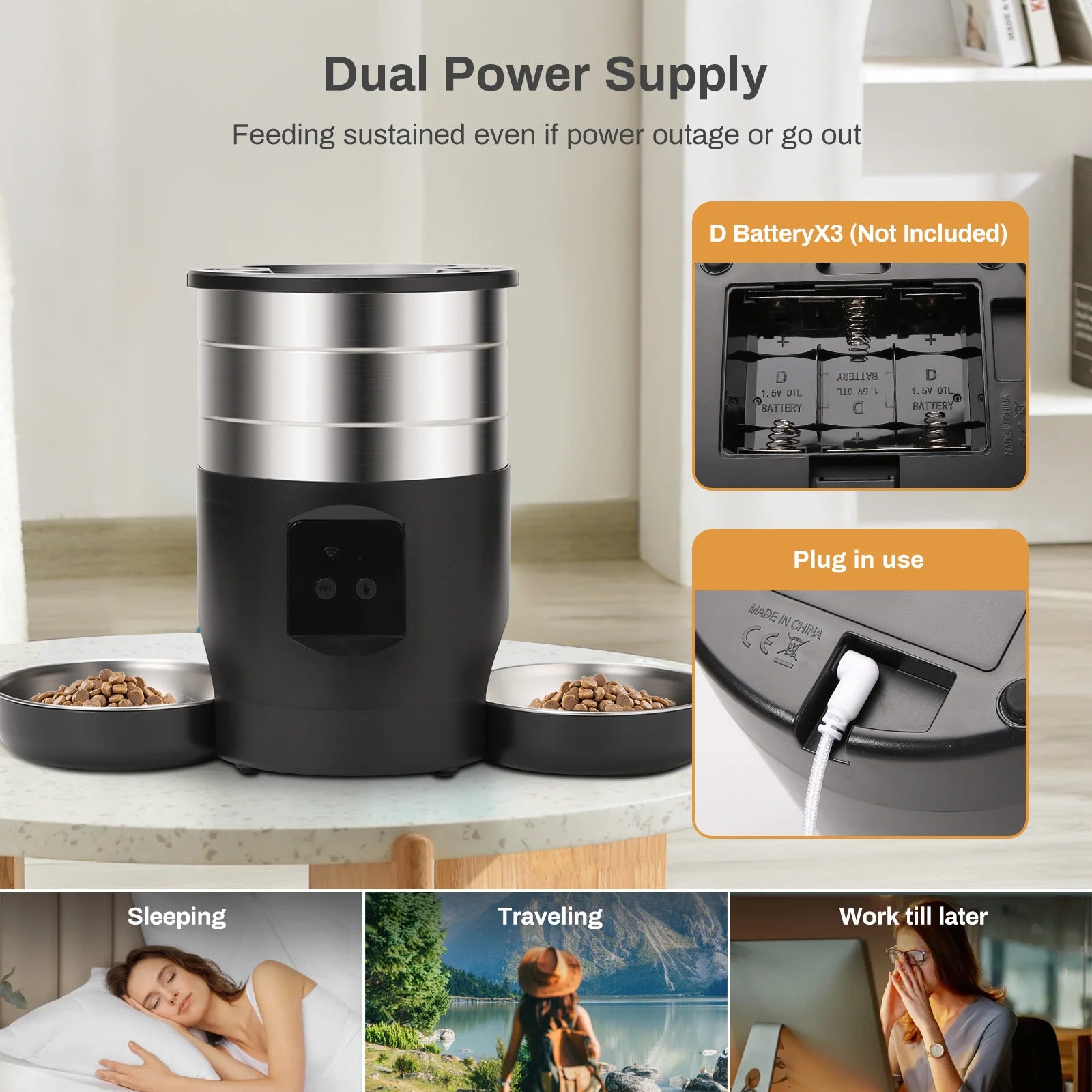 4.5L Automatic Cat Feeder With WiFi Button Smart Pet Cat/Dogs Food Dispenser Two Stainless Steel Bowls Feeder Pet Supplies