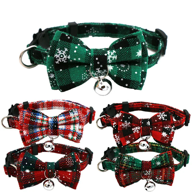 Pet Breakaway Cat Collar Bow Tie And Bell Cute Plaid Christmas Red Elastic Adjustable Dog Collar With Sash Small Bell For Cats