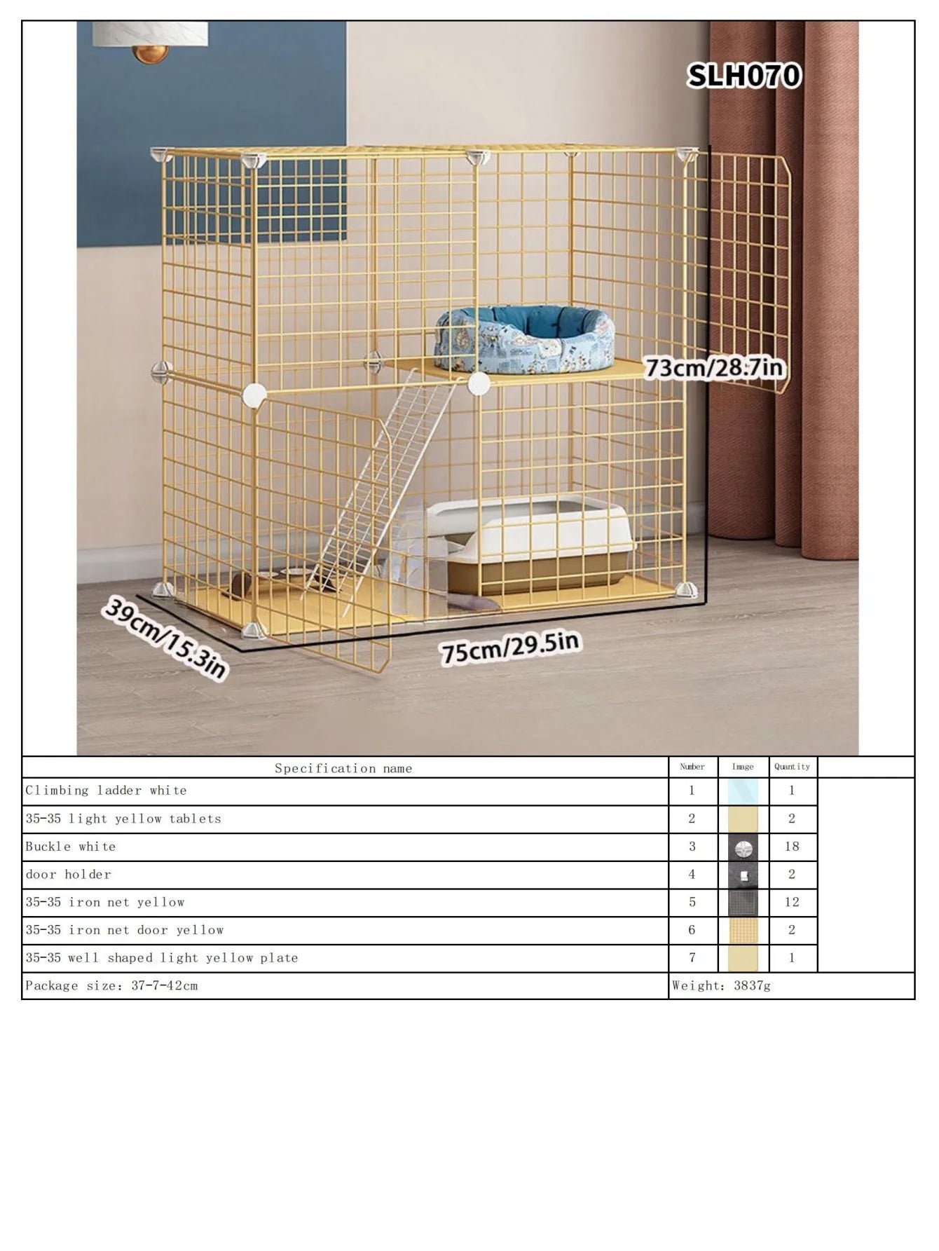 Cat Cage, Cat Villa, Yellow Cage, Natural Wood Color Pet Cage, Free Assembly, Multi-Cat, Space-Saving, Three-Layer Iron Mesh Cage, Household Cat Cabinet - Play Paws Toys