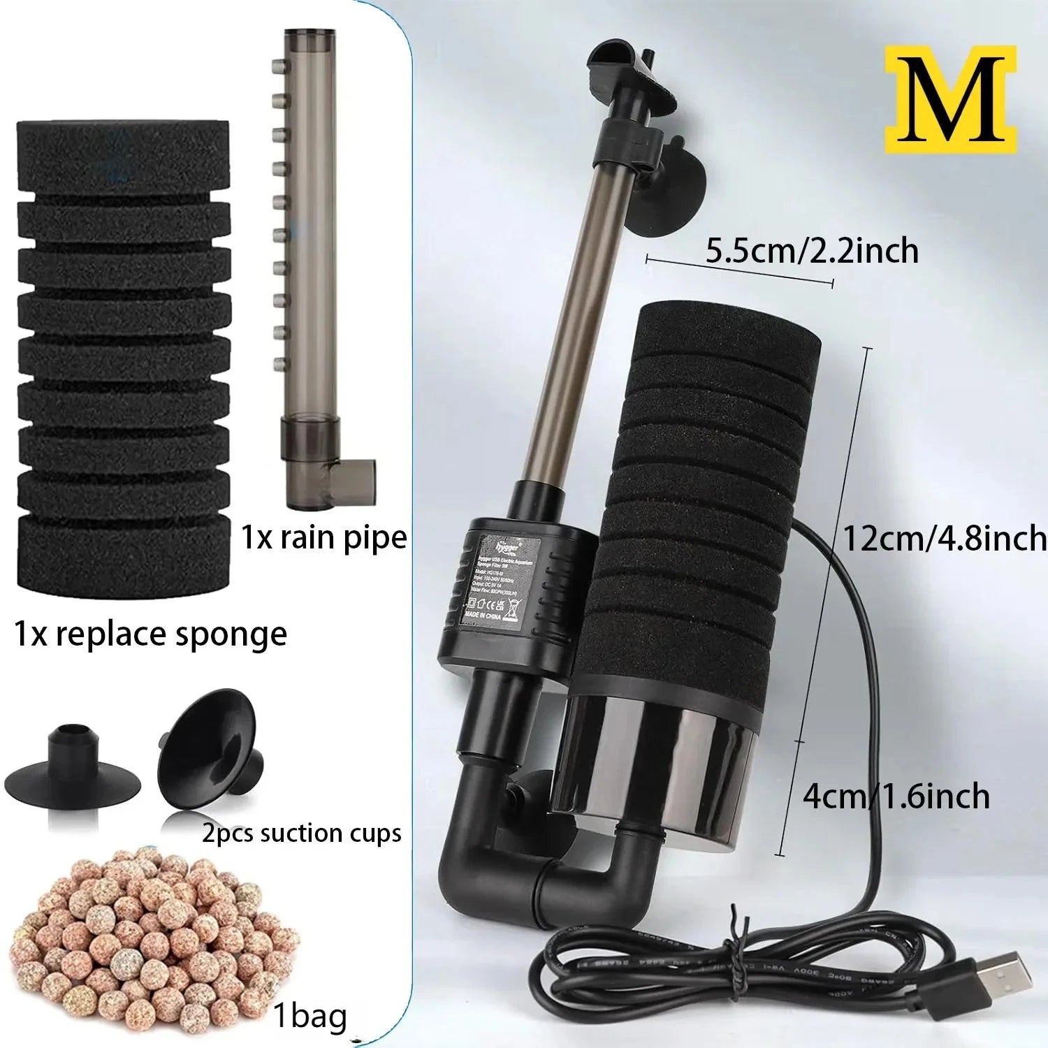 USB Small Aquarium Filter, Single Sponge Filter, with Suction Cup or Adjustable Hanging Clip, Dual Purpose Fish Bowl Tank Filter