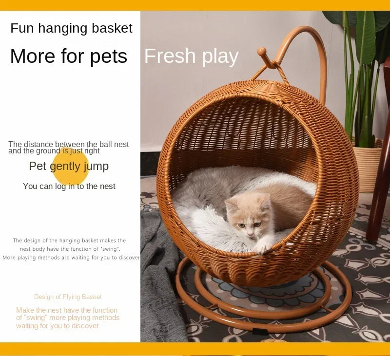 Semi-enclosed Pet Hammock Hanging Cat Nest Round Rattan Cat Cage Cat Bed with Plush Cushion Pet Cradle Bed Cat Accessories - Play Paws Toys