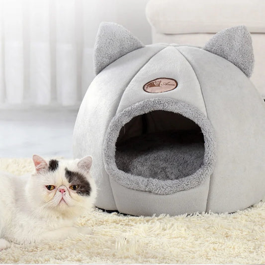 Winter Warm And Cold Proof Cat Bed Cozy Cat Cave Bed Cat Tent With Removable Cushion Pillow Cat Head Shape Cute Pet Supplies - Play Paws Toys