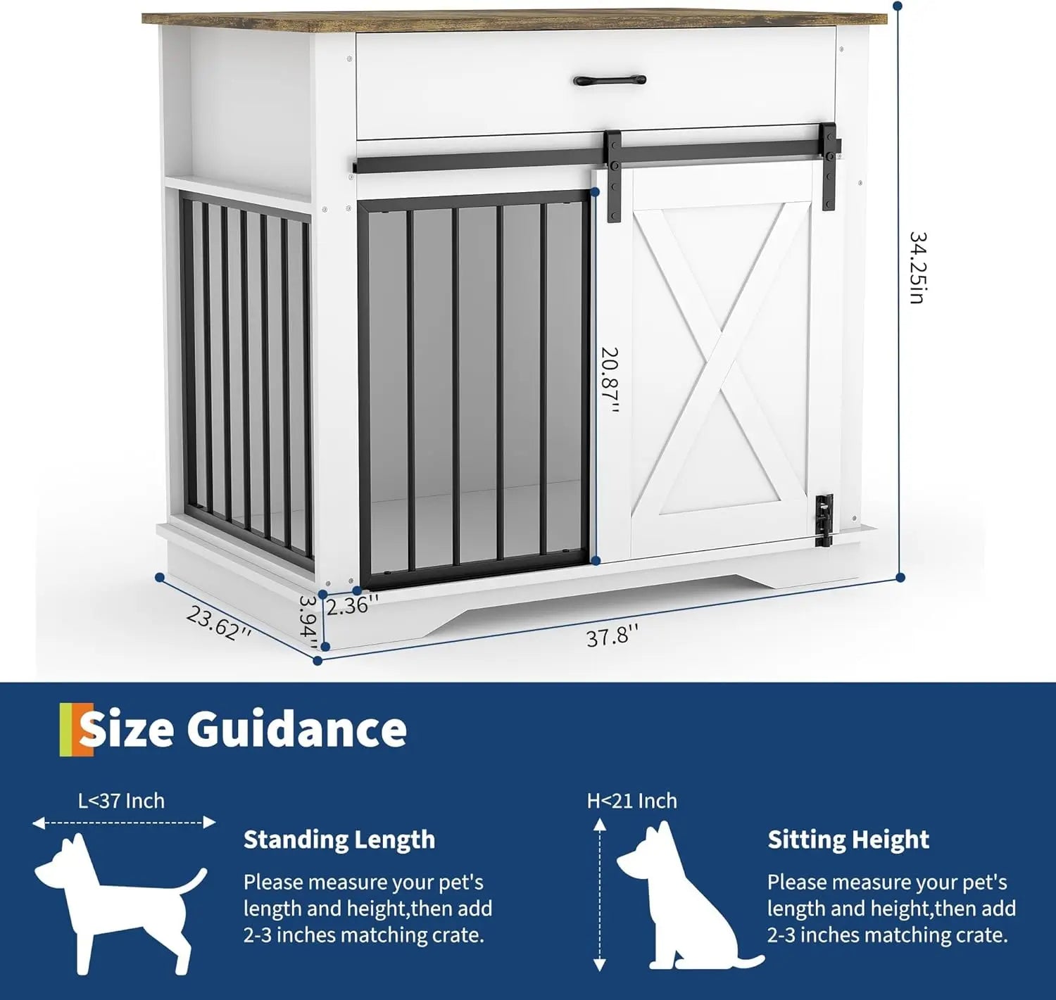 Wooden Dog Kennel with Double Doors, Sliding Barn Door and Storage Drawer, Pet Cage House End Table, Buffet Cabinet & Side Table