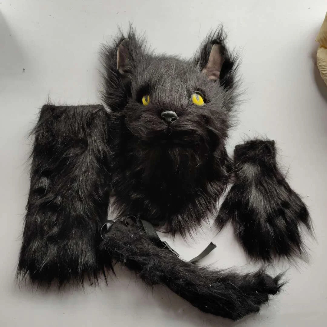 Latex with Fur Black Cat Cosplay Mask Scary Helmet Animal Funny Costume Hood Hair Mask Headwear Adult Halloween Party Props