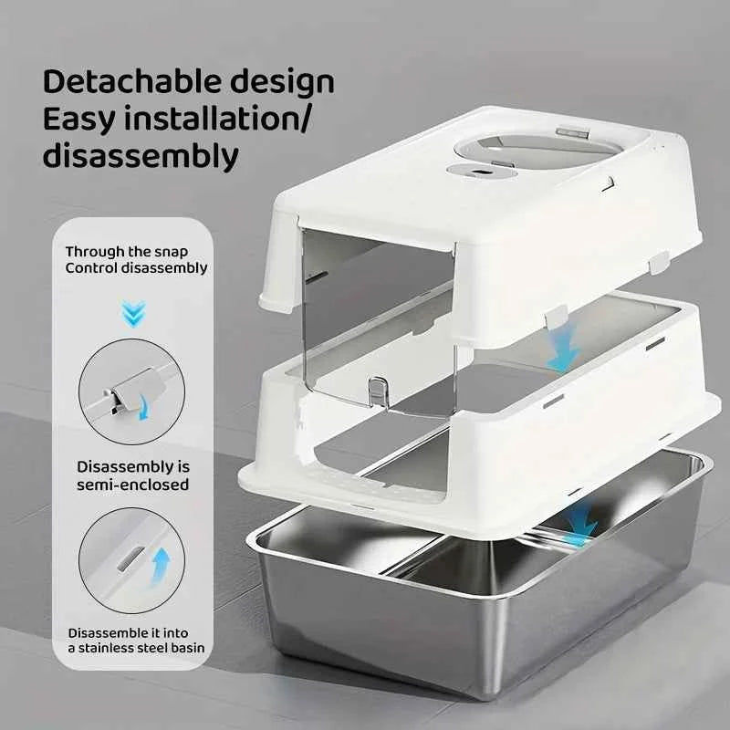 New Stainless Steel Cat Litter Box with Flip Cover Closed Design Easy to Clean Non-Slip Mat Indoor Cats Pet Supplies