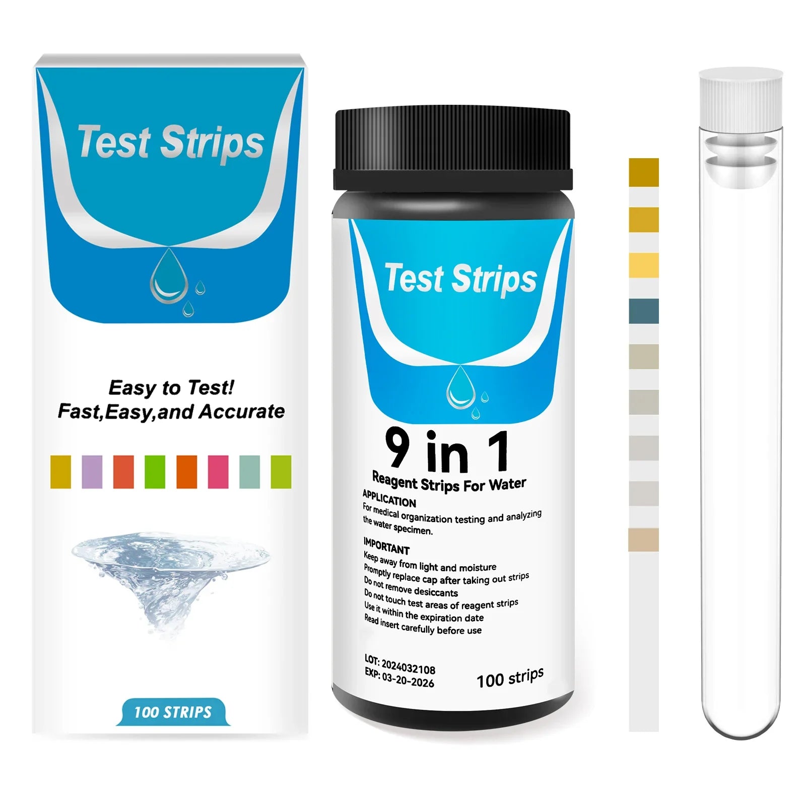 100 Pcs 9-IN-1 Aquarium Test Fish Tank Test Kit with Test Tube Water Quality Monitor pH Test Strips Strips Easy Fast Accurate