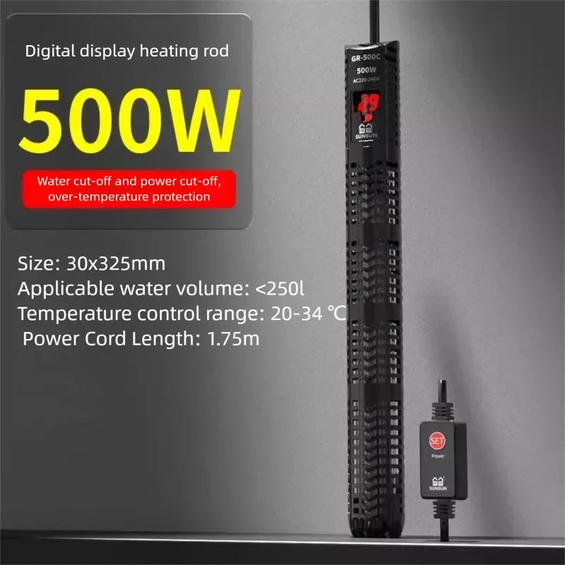 SUNSUN Aquarium Submersible Heater Fish Tank Quartz Glass LCD Display 220V Digital Heating Rod Constant Temperature Control