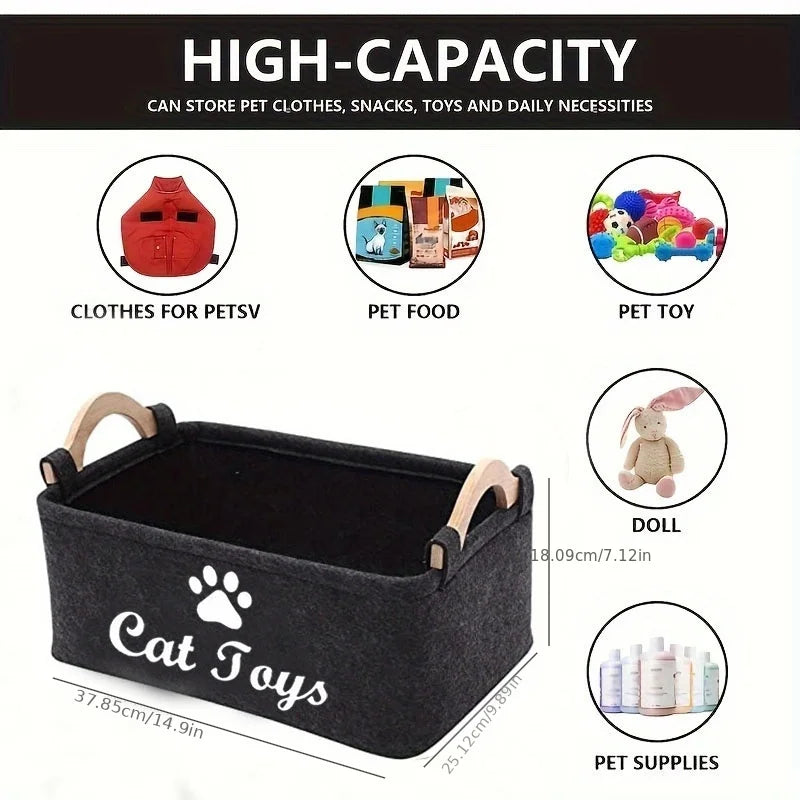 Stylish Felt Pet Toy Storage Basket - Durable Organizer for Cat & Dog Toys, Dirty Clothes, and Cleaning Supplies - Letter Print - Play Paws Toys