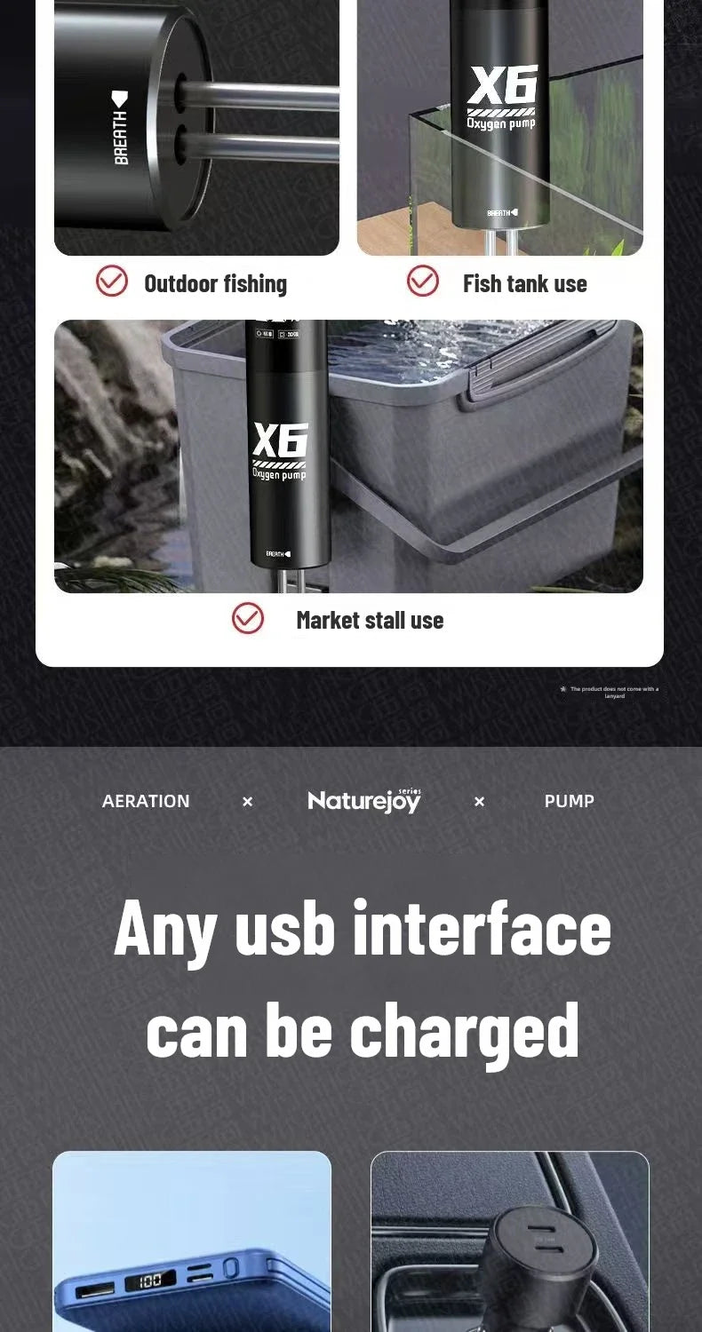 5W USB Rechargeable Oxygen Pump for Outdoor Fishing/Aquarium, Portable Aerator with 48H Runtime for Night Fishing