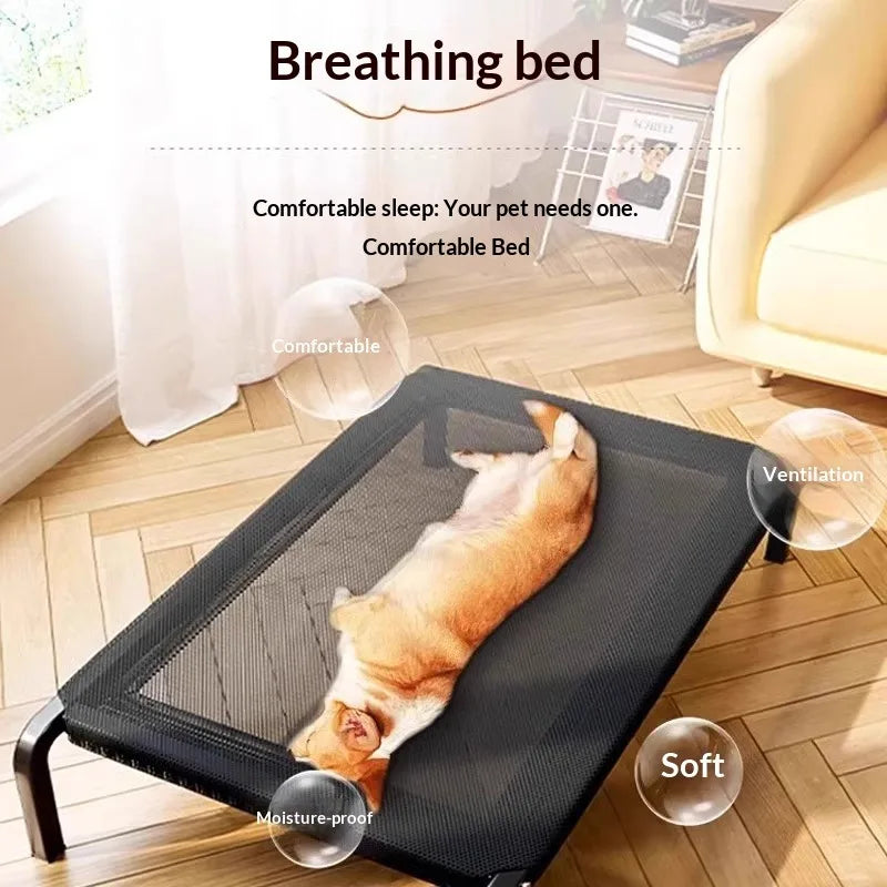 Off-ground Elevated Dog Lounge Bed Breathable Quick-dry Mesh Surface Stable Curved Metal Legs Anti-collapse Cooling Raised Pet Cot Living Room Balcony Moisture-proof Napping Bed For Large Breed Dogs dog beds