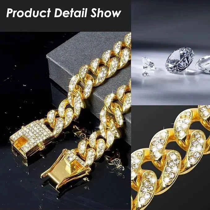 New Style Pet Collar Necklace Cat Dog Full Diamond Cuban Chains Dog Chains Lock Buckle Gold Silver Rose Gold Pet Supplies