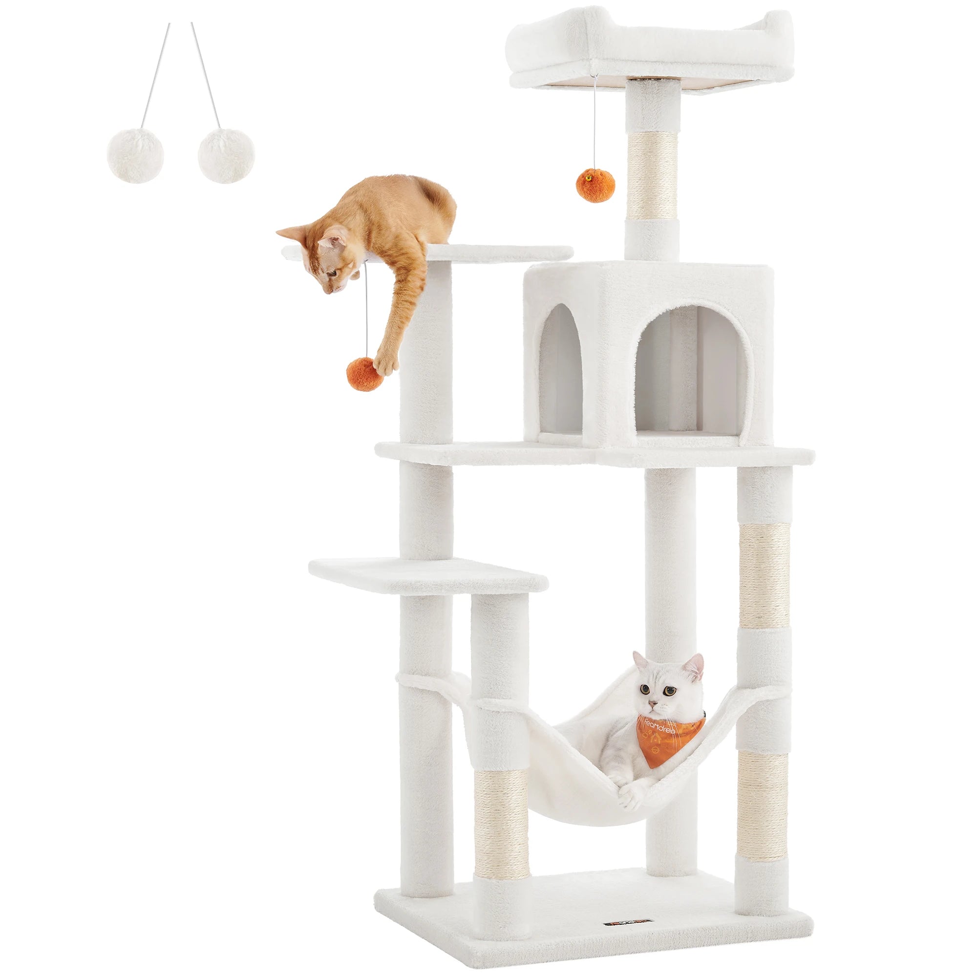 Feandrea Cat Tree, 55.1-Inch Cat Tower, Plush Multi-Level Condo with 4 Scratching Posts, 2 Perches, Hammock, Cave