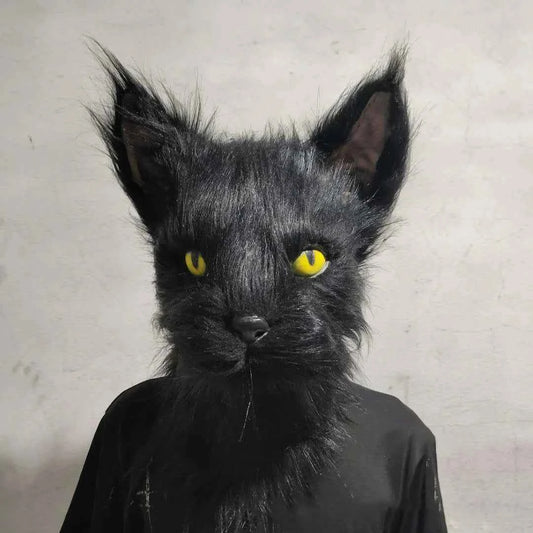Latex with Fur Black Cat Cosplay Mask Scary Helmet Animal Funny Costume Hood Hair Mask Headwear Adult Halloween Party Props