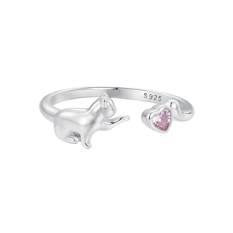 WOSTU 925 Sterling Silver Cat Pet Adjustable Rings For Women Animal Dog Open Ring Family Daughter Birthday Jewelry Girl Gift