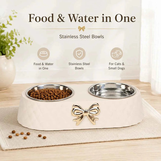 Double Stainless Steel Pet Bowl for Cats and Small Dogs, Food and Water Bowl Set with Anti-Slip Base and Cute Bow Accent